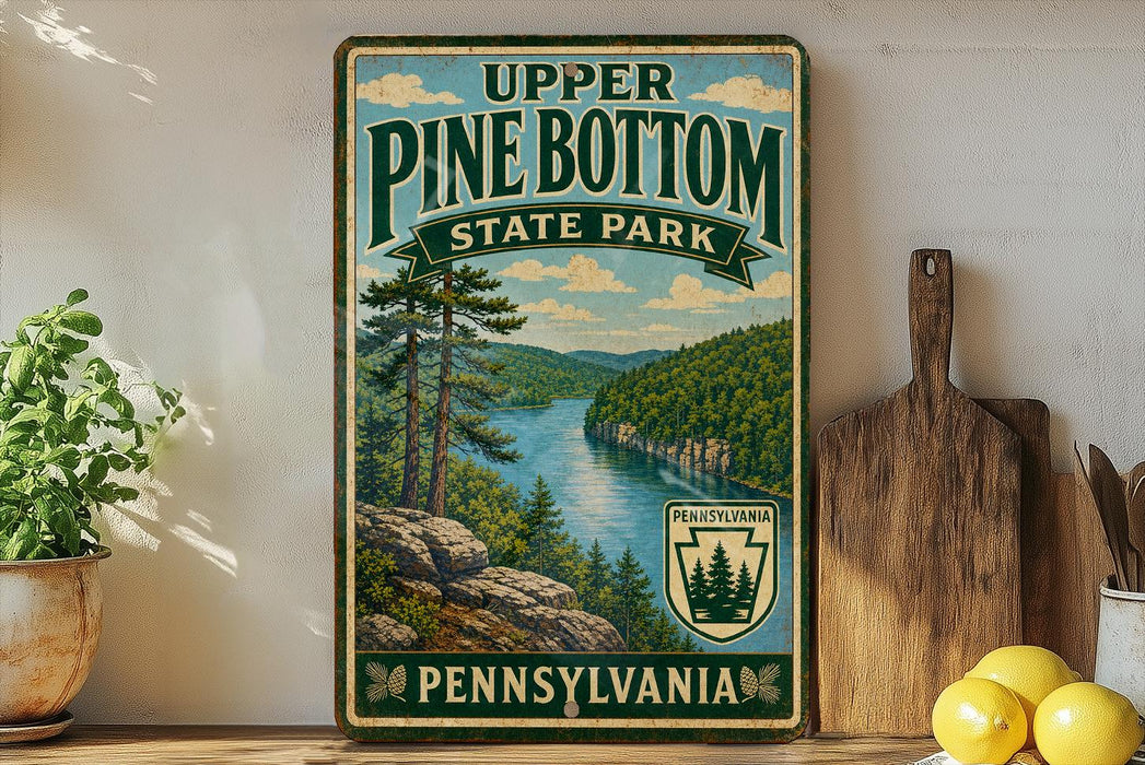 A vintage-style metal sign for Upper Pine Bottom State Park in Pennsylvania, featuring a scenic landscape with pine trees, a river, and mountains.