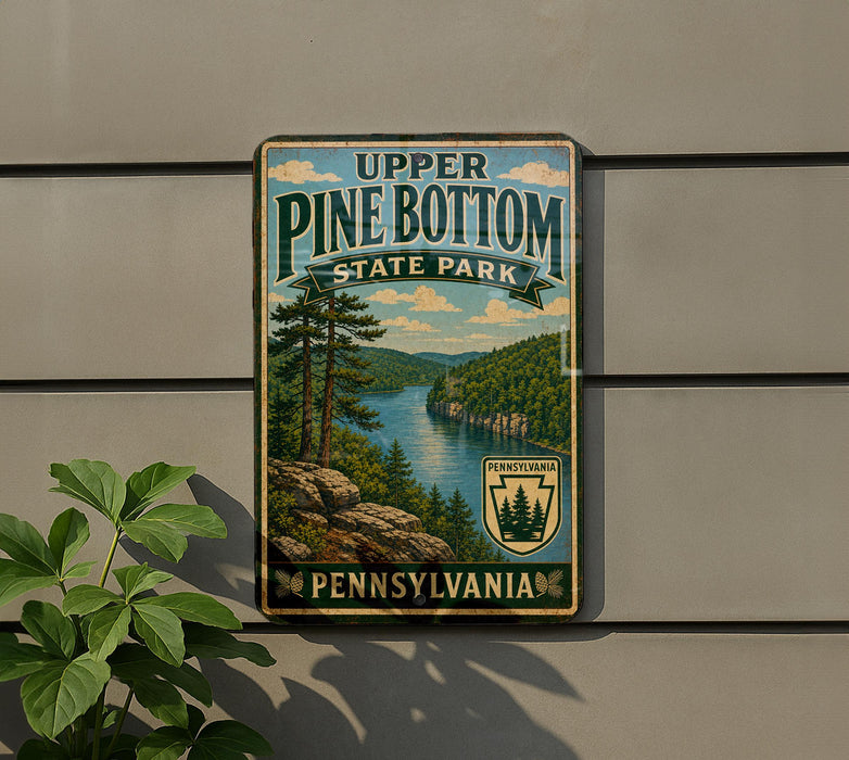 A vintage-style sign for Upper Pine Bottom State Park in Pennsylvania, featuring a scenic landscape with pine trees, a river, and mountains.