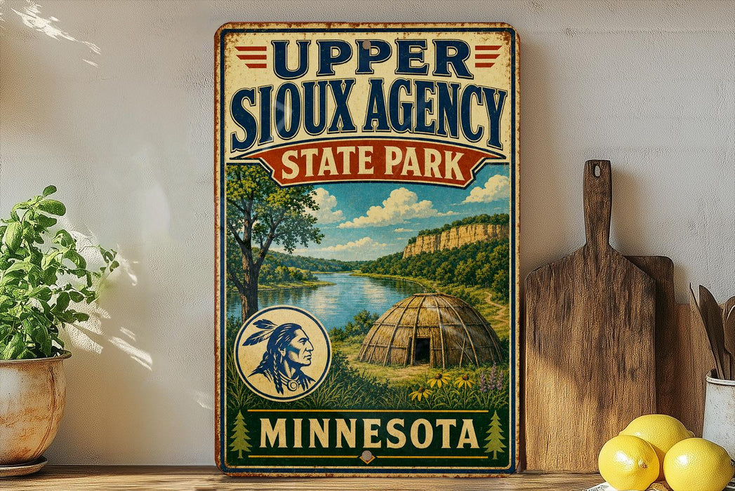 A vintage-style metal sign for Upper Sioux Agency State Park in Minnesota, featuring a scenic illustration of the park and its surroundings.