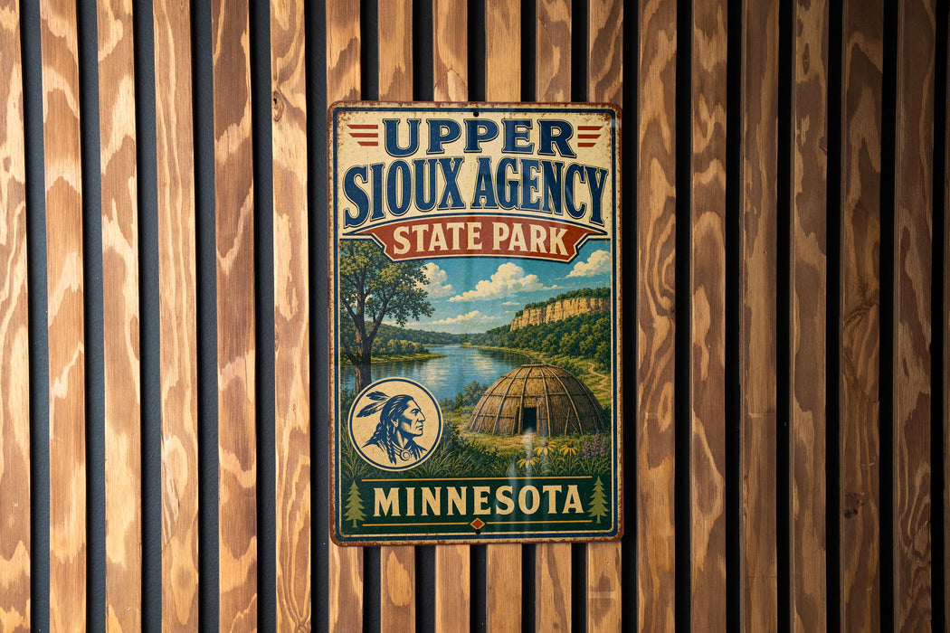 A vintage metal sign for Upper Sioux Agency State Park in Minnesota, featuring a scenic illustration of the park and its surroundings.
