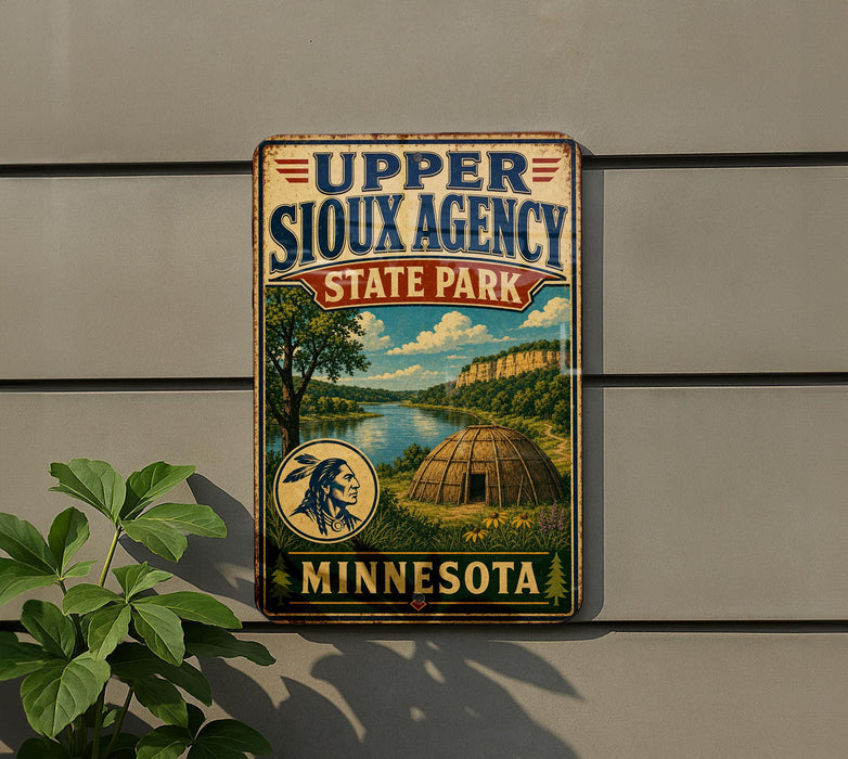 A vintage metal sign for Upper Sioux Agency State Park in Minnesota, featuring a scenic illustration of the park and a Native American headdress.
