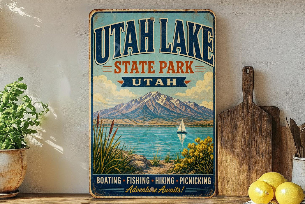 A vintage-style sign for Utah Lake State Park, featuring a scenic illustration of a lake, mountains, and a sailboat, along with the text "UTAH LAKE STATE PARK UTAH" and "BOATING, FISHING, HIKING, PICNICKING Adventure Awaits!"