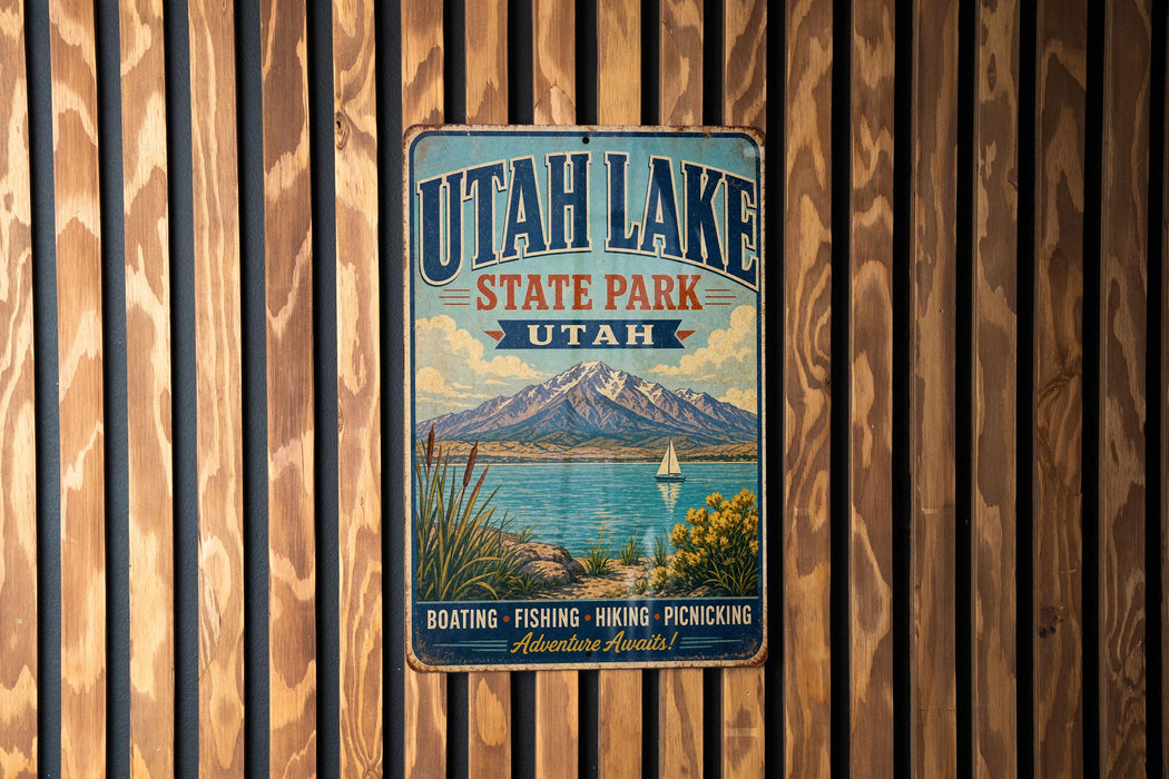 A vintage metal sign for Utah Lake State Park, featuring a scenic mountain landscape with a lake and a sailboat.