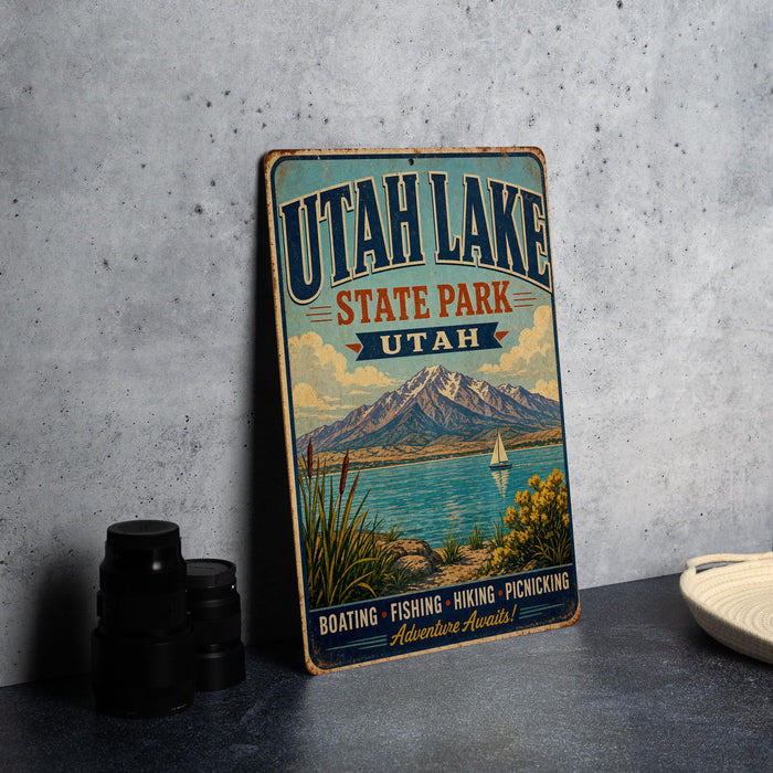 A vintage-style sign for Utah Lake State Park, featuring a scenic illustration of the lake and mountains.