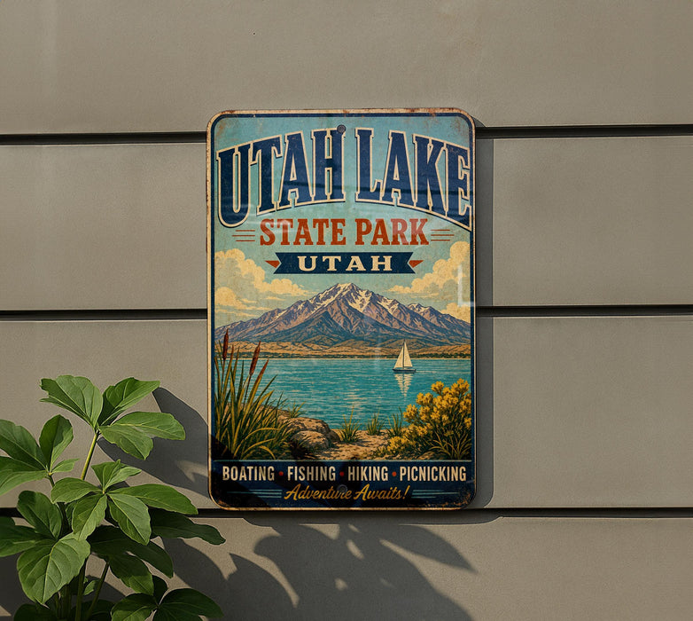 A vintage-style metal sign for Utah Lake State Park, featuring a scenic landscape with mountains, a lake, and a sailboat.