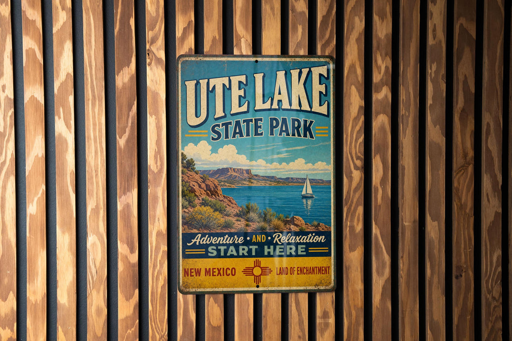 A vintage metal sign for Utah Lake State Park, featuring a scenic illustration of the lake and mountains, hangs on a wooden wall.