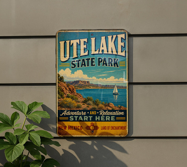 A vintage metal sign for Utah Lake State Park, featuring a scenic landscape with a sailboat on the water.