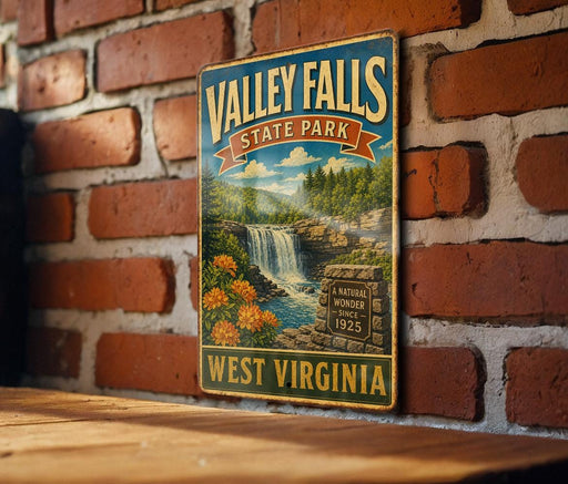 A vintage-style metal sign for Valley Falls State Park in West Virginia, featuring a scenic illustration of the waterfall and surrounding landscape.