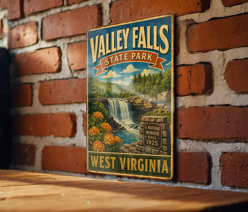 A vintage-style metal sign for Valley Falls State Park in West Virginia, featuring a scenic illustration of the waterfall and surrounding landscape.