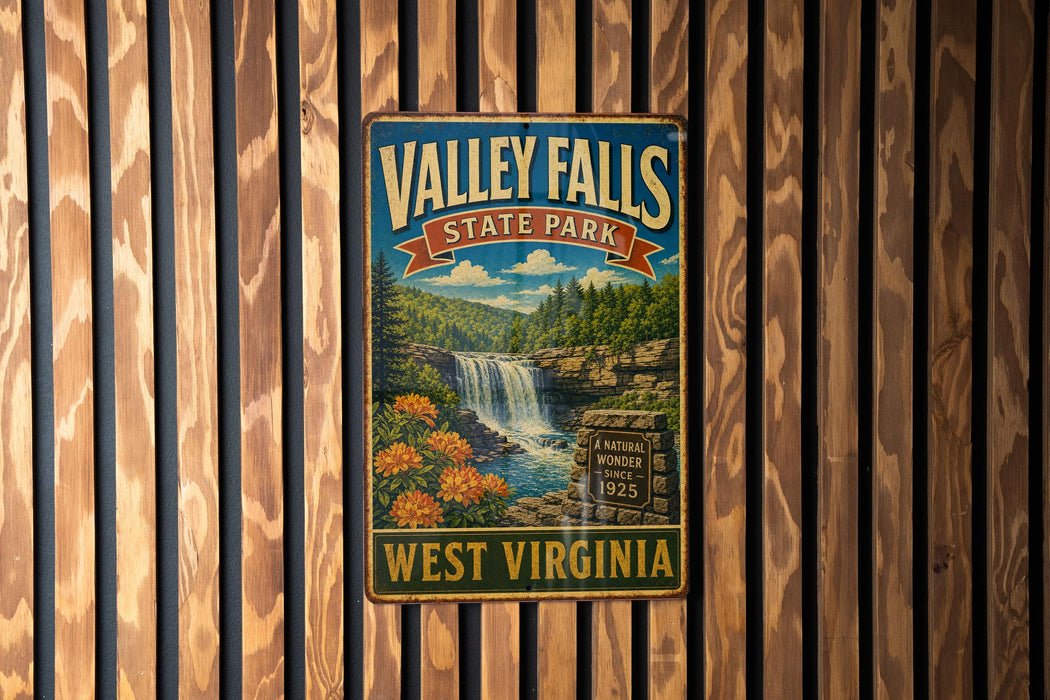 A vintage metal sign for Valley Falls State Park in West Virginia, featuring a waterfall and surrounding landscape.