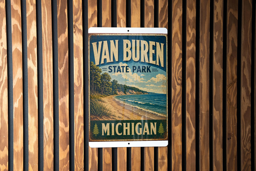 A vintage-style sign for Van Buren State Park in Michigan, featuring a scenic landscape with a beach, mountains, and a lake.