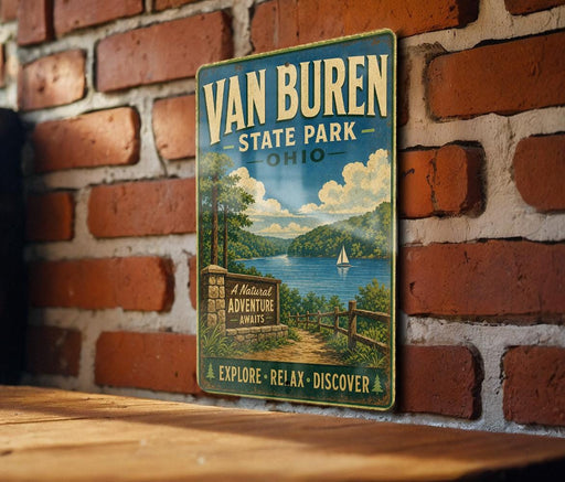 A vintage-style metal sign for Van Buren State Park in Ohio, featuring a scenic landscape with a lake, mountains, and a sailboat.