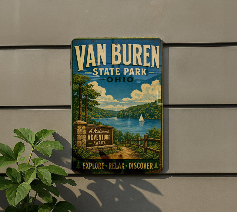 A vintage-style sign for Van Buren State Park in Ohio, featuring a scenic landscape with a lake, trees, and a sailboat.