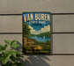 A vintage-style sign for Van Buren State Park in Ohio, featuring a scenic landscape with a lake, trees, and a sailboat.