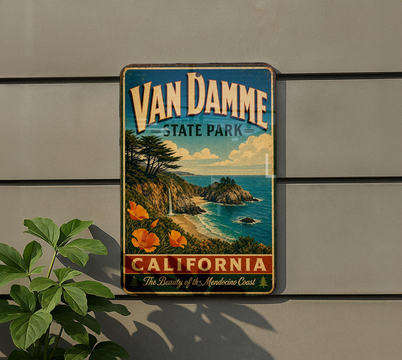 A vintage-style metal sign for Van Damme State Park in California, featuring a scenic coastal landscape with a beach, cliffs, and a waterfall.