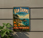 A vintage-style metal sign for Van Damme State Park in California, featuring a scenic coastal landscape with a beach, cliffs, and a waterfall.