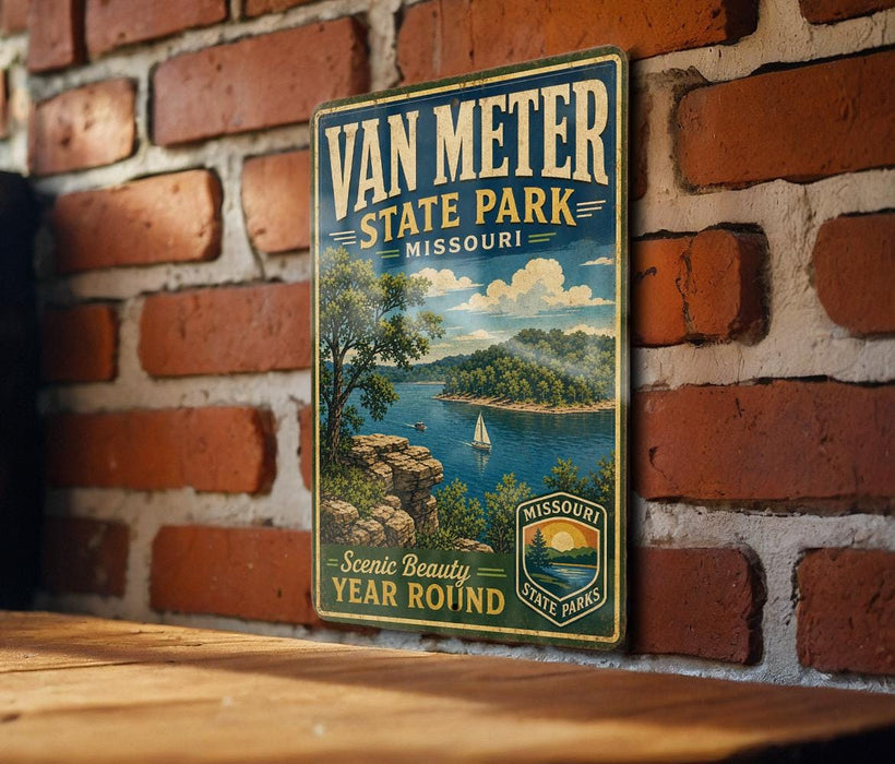A vintage-style metal sign for Van Meter State Park in Missouri, featuring a scenic landscape with a lake, mountains, and a sailboat.