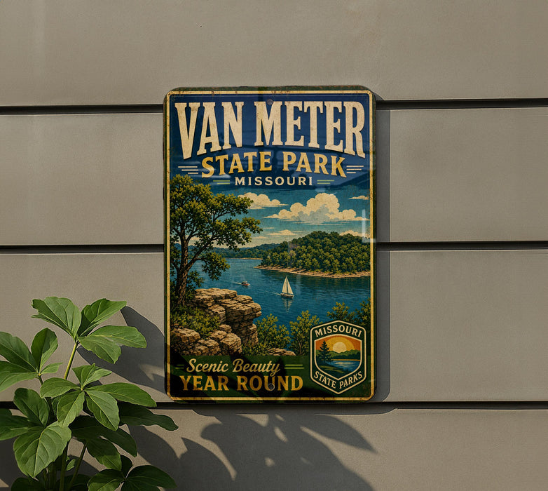 A vintage-style metal sign for Van Meter State Park in Missouri, featuring a scenic landscape with a lake, mountains, and a sailboat.