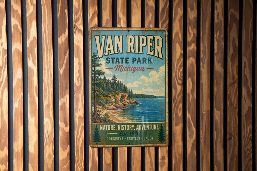 A vintage-style sign for Van Riper State Park in Michigan, featuring a scenic landscape with a lake and mountains.