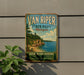 A vintage-style metal sign for Van Riper State Park in Michigan, featuring a scenic landscape with a lake and mountains.