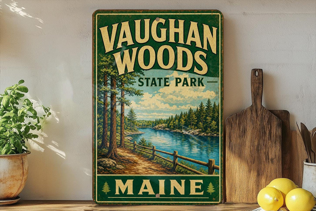 A vintage-style sign for Vaughan Woods State Park in Maine, featuring a scenic landscape with a river, trees, and a wooden fence.
