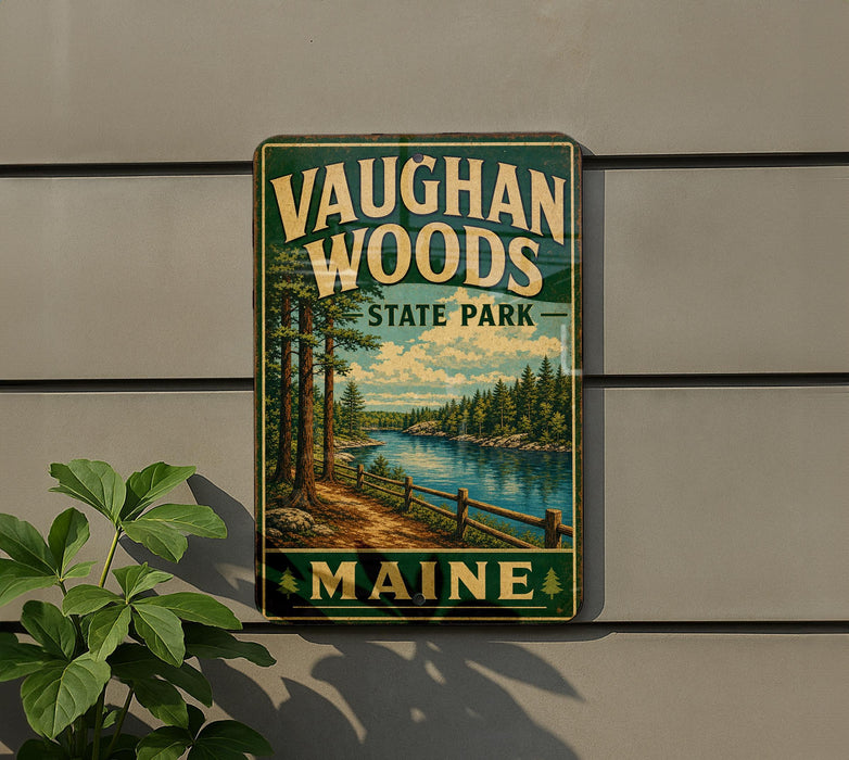 A vintage metal sign for Vaughan Woods State Park in Maine, featuring a scenic landscape with a river, trees, and a wooden fence.