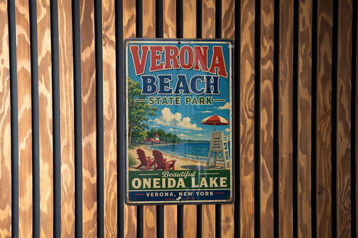 A vintage metal sign for Verona Beach State Park, featuring a beach scene with a lifeguard tower and a red umbrella.