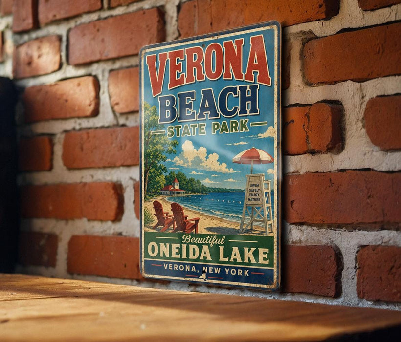 A vintage-style metal sign for Verona Beach State Park, featuring a beach scene with a lifeguard tower and chairs, mounted on a brick wall.