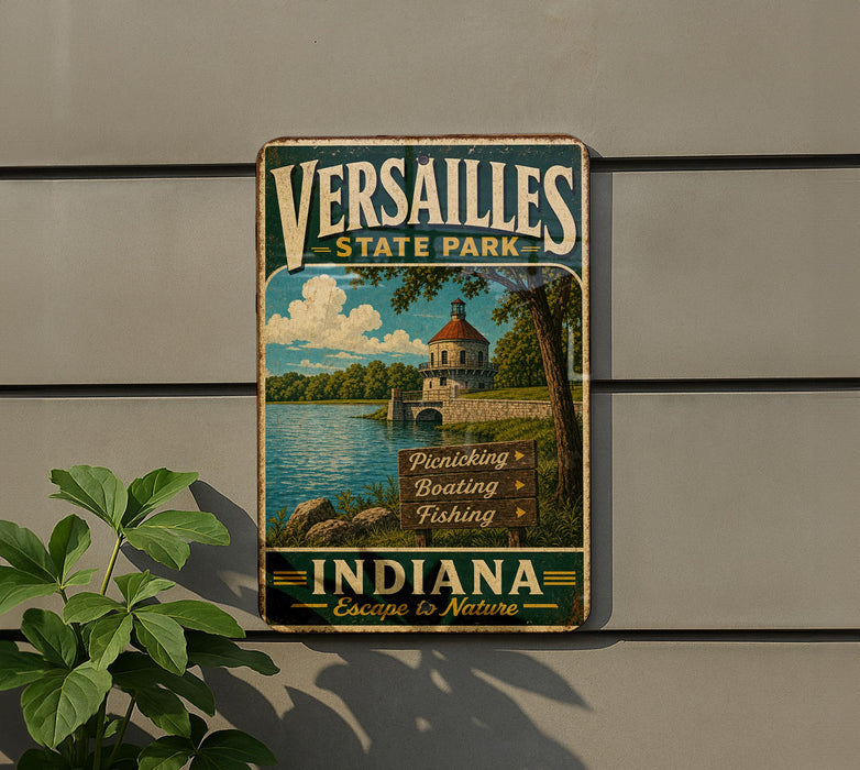 A vintage-style sign for Versailles State Park, featuring a scenic image of a lake and a building, with the text "Verailles State Park" and "Indiana" prominently displayed.