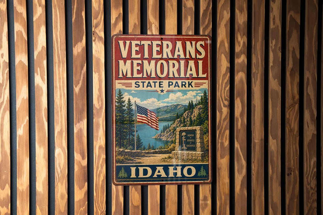 A vintage metal sign for the Veterans Memorial State Park in Idaho, featuring an American flag and a scenic landscape.