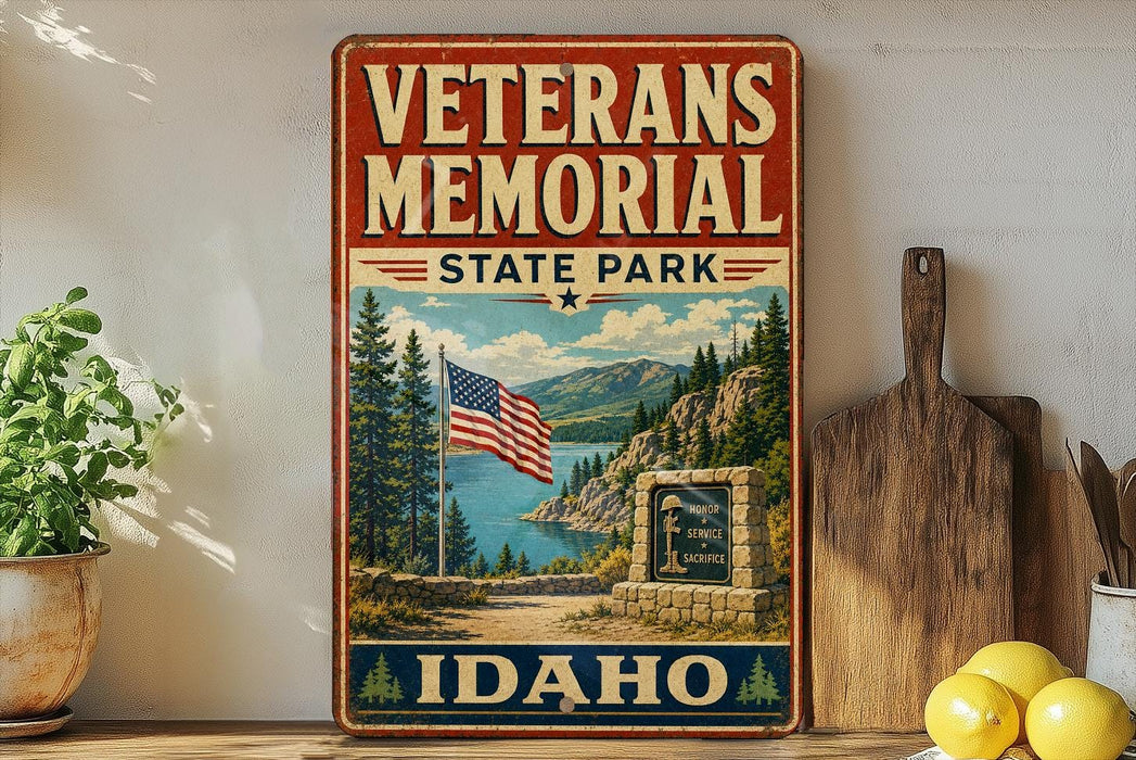 A vintage-style metal sign for the Veterans Memorial State Park in Idaho, featuring an American flag and a scenic landscape.