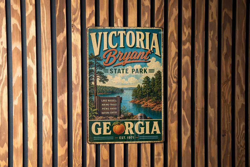 A vintage-style metal sign for Victoria, Georgia, featuring a scenic landscape with a lake, trees, and mountains.