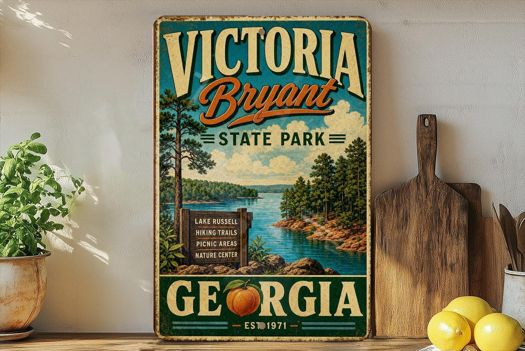A vintage-style sign for Victoria Bryant State Park in Georgia, featuring a scenic illustration of the park's natural surroundings.