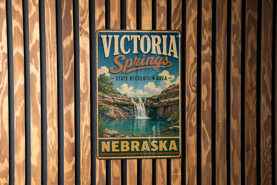 A vintage metal sign for Victoria Springs, a state recreation area in Nebraska, is displayed on a wooden wall.