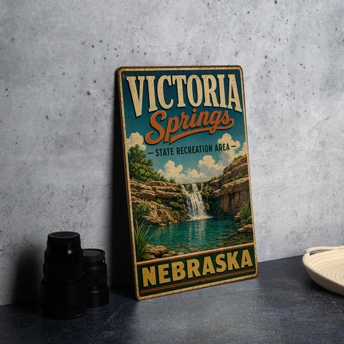 A vintage-style metal sign for Victoria Springs, a state recreation area in Nebraska, featuring a scenic image of a waterfall and lush greenery.