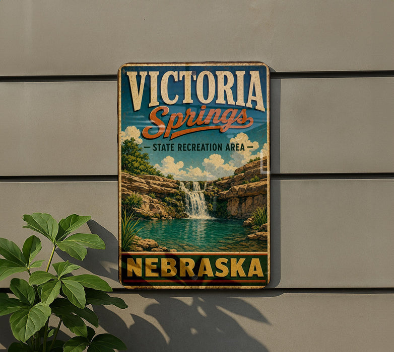 A vintage-style sign for Victoria Springs, a state recreation area in Nebraska, featuring a scenic image of a waterfall and lush greenery.