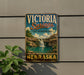 A vintage-style sign for Victoria Springs, a state recreation area in Nebraska, featuring a scenic image of a waterfall and lush greenery.