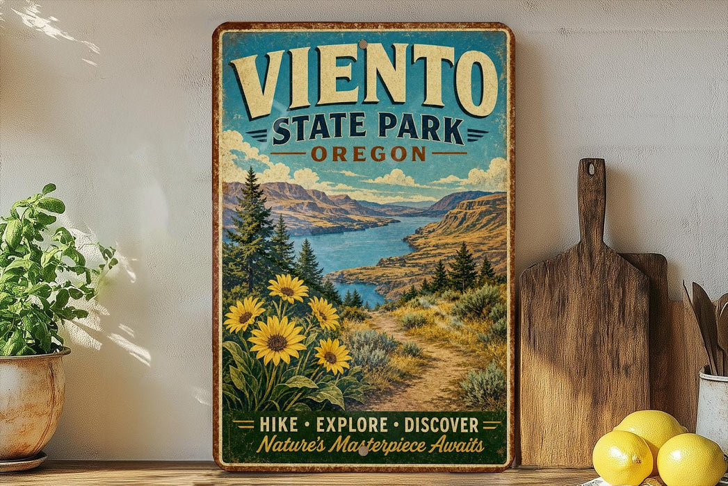 A vintage-style poster for Viento State Park, Oregon, featuring a scenic landscape with mountains, a river, and sunflowers.