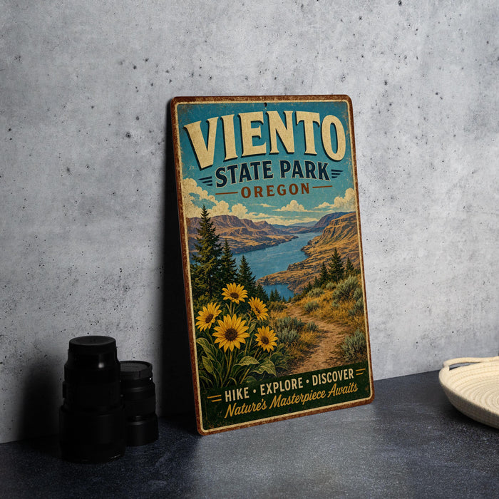 A vintage-style metal sign for Viento State Park, Oregon, featuring a scenic landscape with mountains, trees, and a lake.