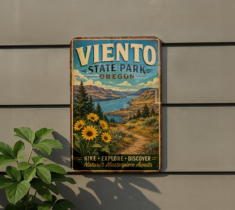 A vintage-style sign for Viento State Park, Oregon, featuring a scenic landscape with mountains, a river, and sunflowers.