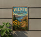 A vintage-style sign for Viento State Park, Oregon, featuring a scenic landscape with mountains, a river, and sunflowers.
