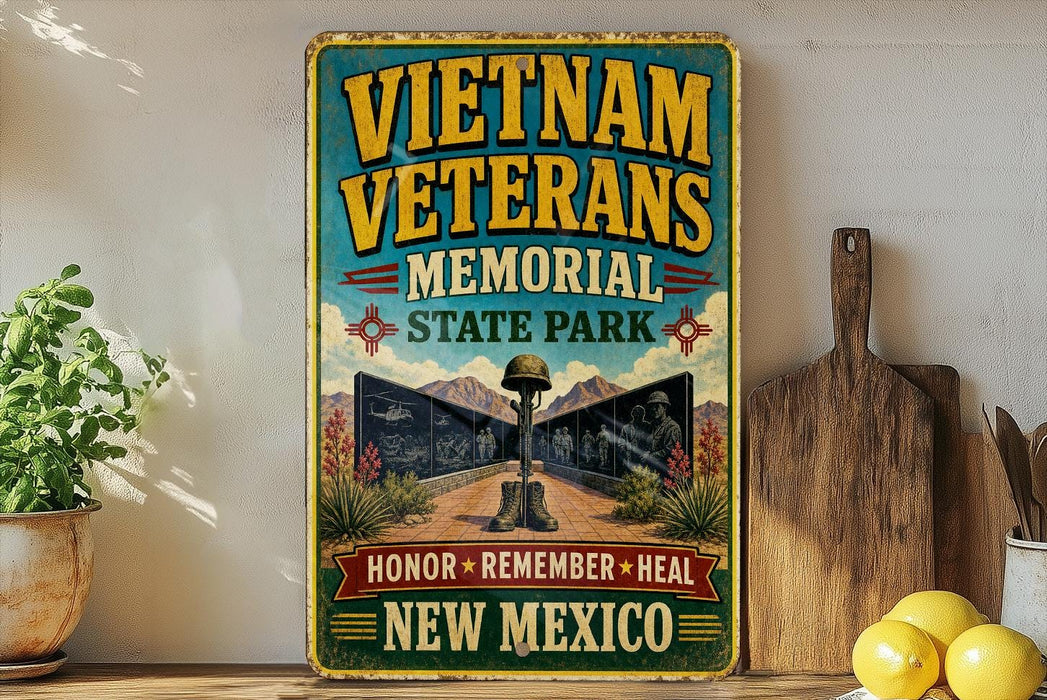 a vintage-style sign for the Vietnam Veterans Memorial in New Mexico, with a wooden board and a potted plant in the background.