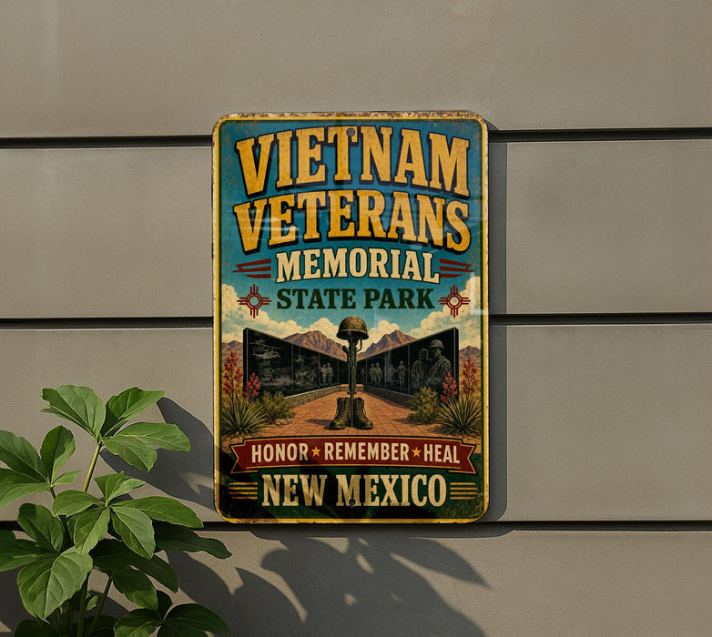 a sign for the Vietnam Veterans Memorial in New Mexico, with a vintage-style design and text that reads "Vietnam Veterans Memorial State Park" and "Honor, Remember, Heal New Mexico".