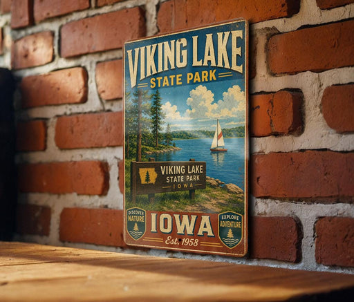 A vintage-style metal sign for Viking Lake State Park in Iowa, featuring a scenic illustration of a lake with a sailboat and surrounded by trees.