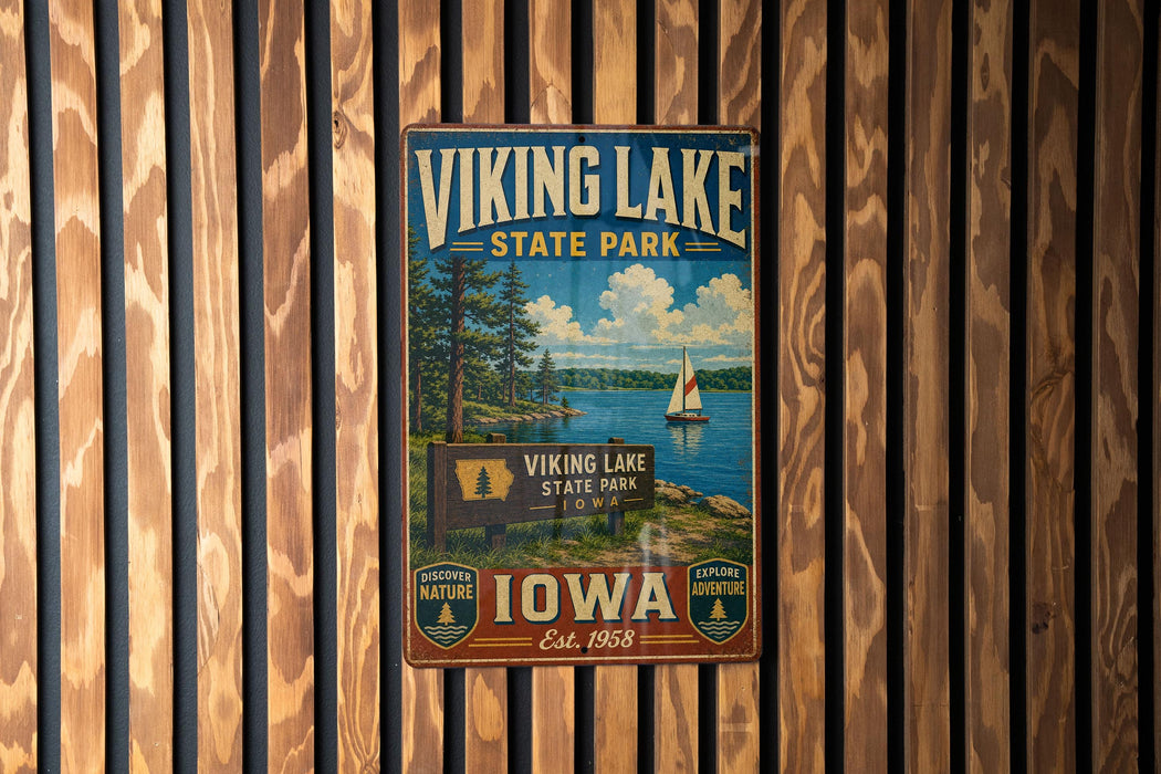 A vintage metal sign for Viking Lake State Park in Iowa, featuring a scenic image of a lake with a sailboat and surrounded by pine trees.