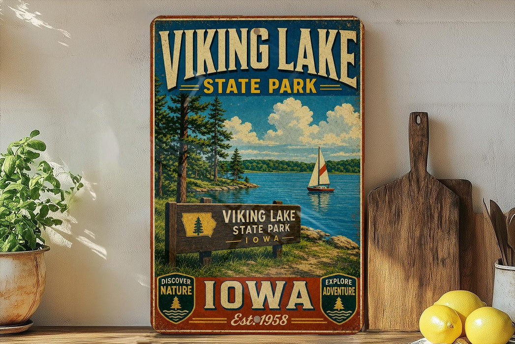 A vintage-style sign for Viking Lake State Park in Iowa, featuring a scenic illustration of a lake, trees, and a sailboat.