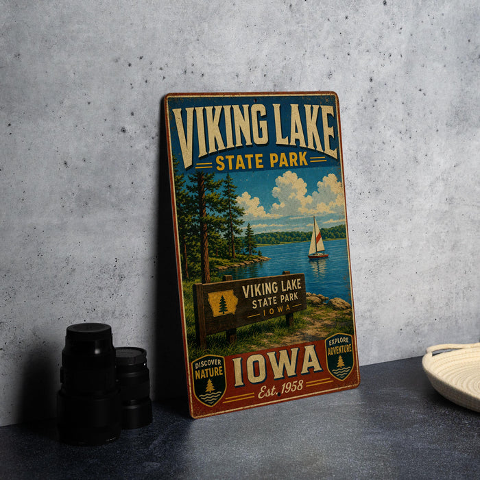 A vintage-style metal sign for Viking Lake State Park in Iowa, featuring a scenic landscape with a lake, trees, and a sailboat.