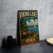 A vintage-style metal sign for Viking Lake State Park in Iowa, featuring a scenic landscape with a lake, trees, and a sailboat.