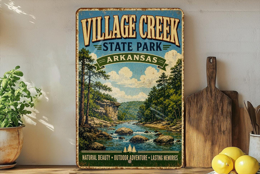 a vintage-style sign for "Village Creek State Park" in Arkansas, with a scenic illustration of a river, trees, and mountains. The sign is displayed on a wooden shelf, surrounded by various kitchen utensils and a potted plant.