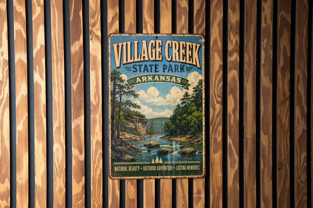 A vintage metal sign for Village Creek State Park in Arkansas, featuring a scenic landscape with a river and forest.
